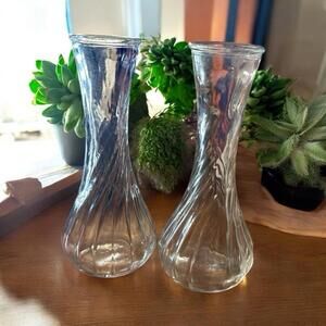 Hoosier Glass #4064 Clear Glass Bud 6" Vase Swirl Bottles Set of 2